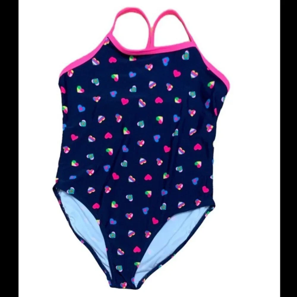 2/$20! OP Girls Deep Blue Colored Hearts All Over One Piece Bathing Suit Size XL